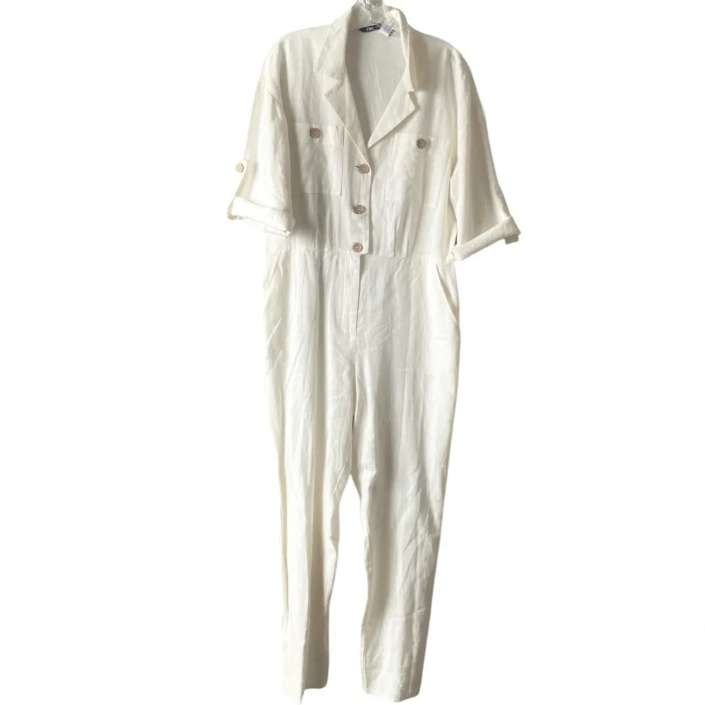 ZARA | Women’s Linen Blend Oyster White Jumpsuit Size M